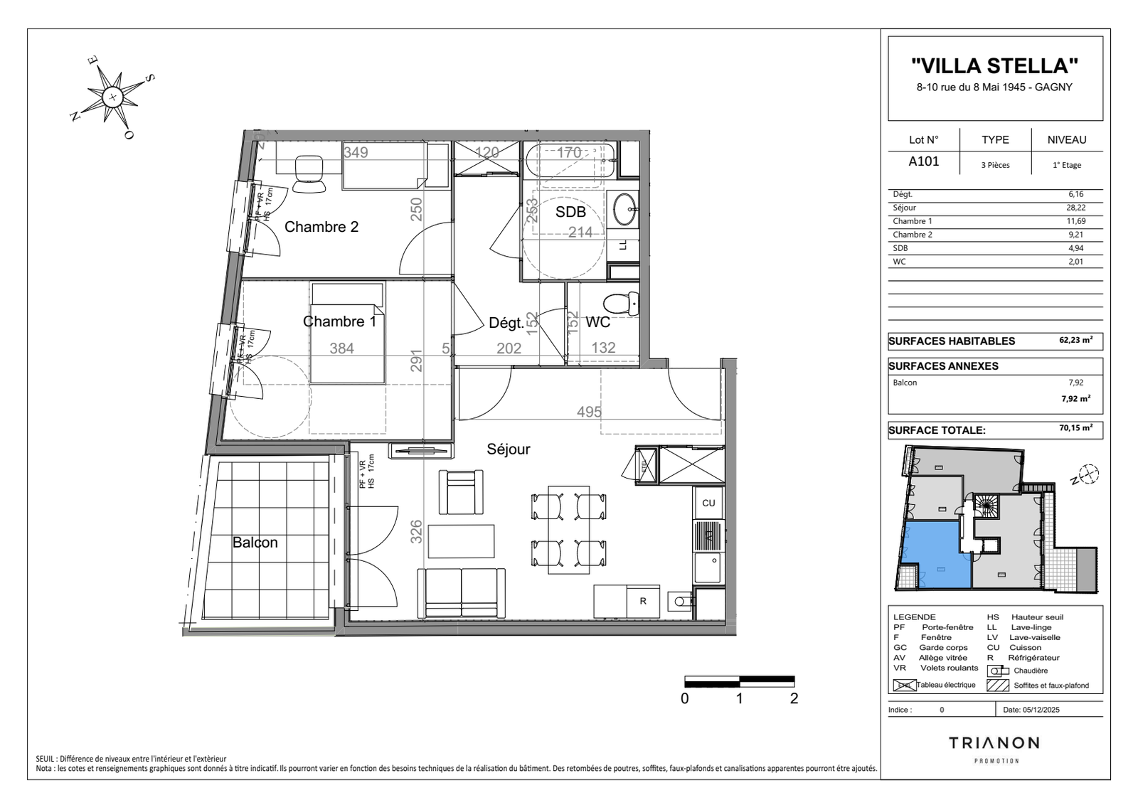 Plan 2D de l’appartement A101, 3 pièces, 62,23 m²
