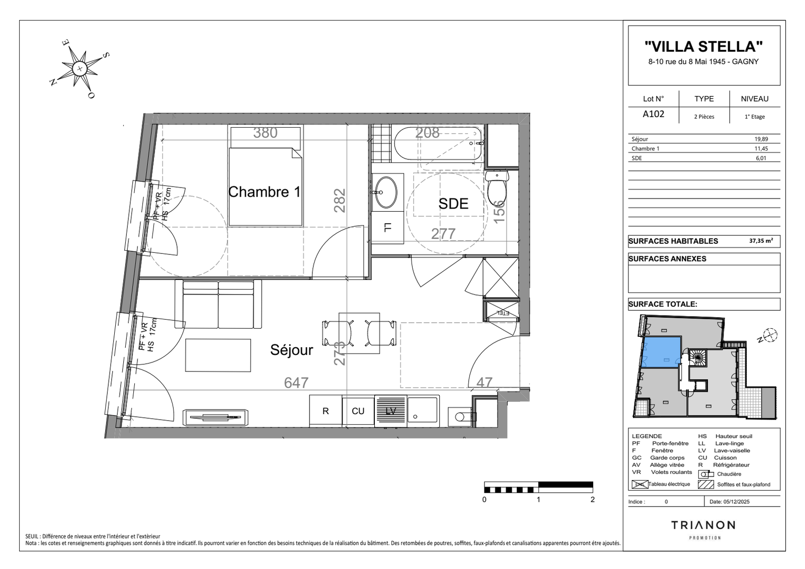 Plan 2D de l’appartement A102, 2 pièces, 37,35 m²